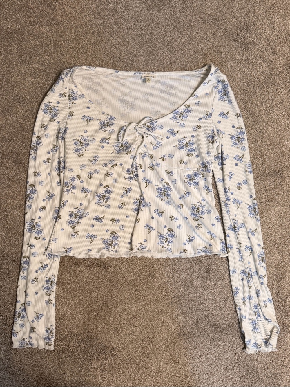 Tie-Front Long Sleeve Floral Top - Blue/White